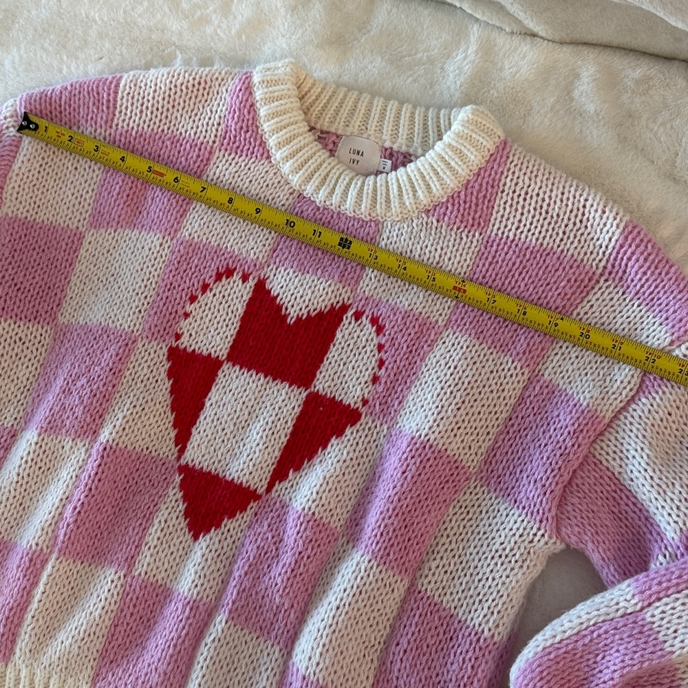 Luna Ivy Pink & White Crochet Checkered & Heart Sweater, Puff Sleeves, Cozy Soft - Picture 11 of 15